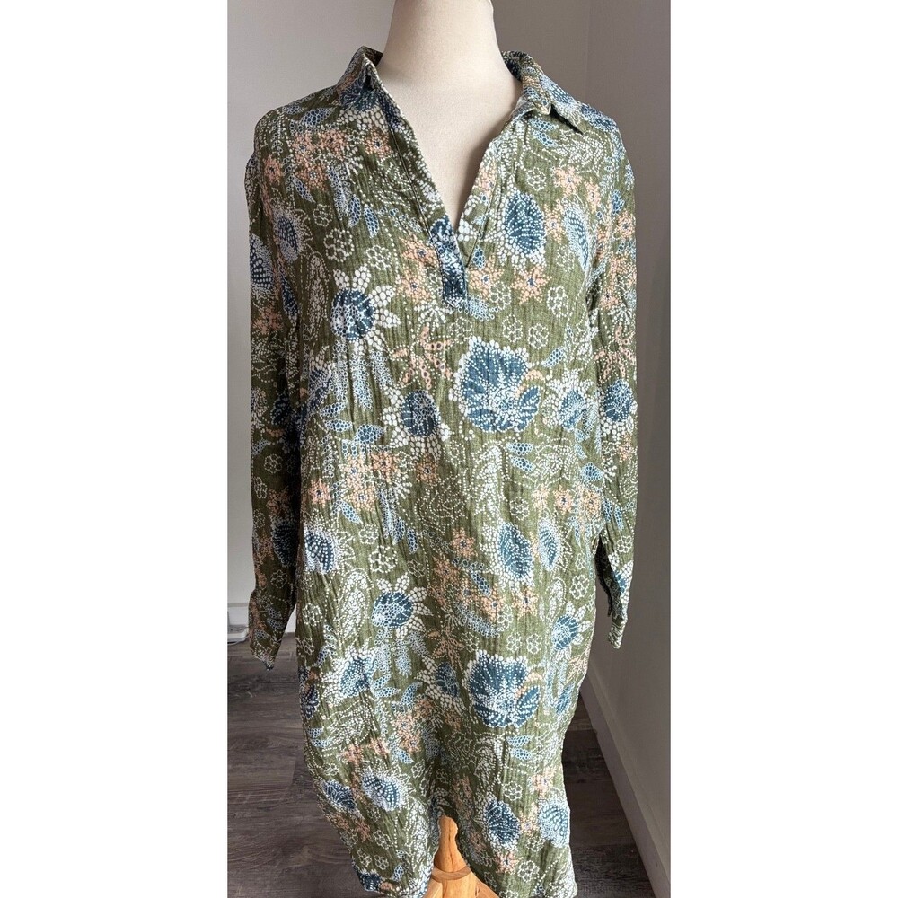 RipSkirt Hawaii La Boheme Olive Floral Tunic Shirt Dress L Cotton